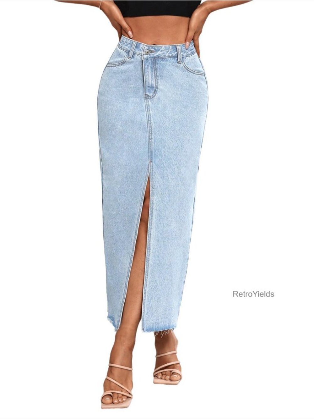 High Waist Stretch Maxi Denim Skirt Front Split Frayed Raw Hem A Line Casual - Picture 7 of 7